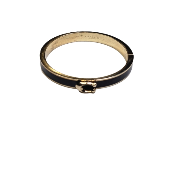 Coach Jewelry - Coach Black Enameled Hinged Bangle Gold Plated Brass Black Enamel Side Clasp